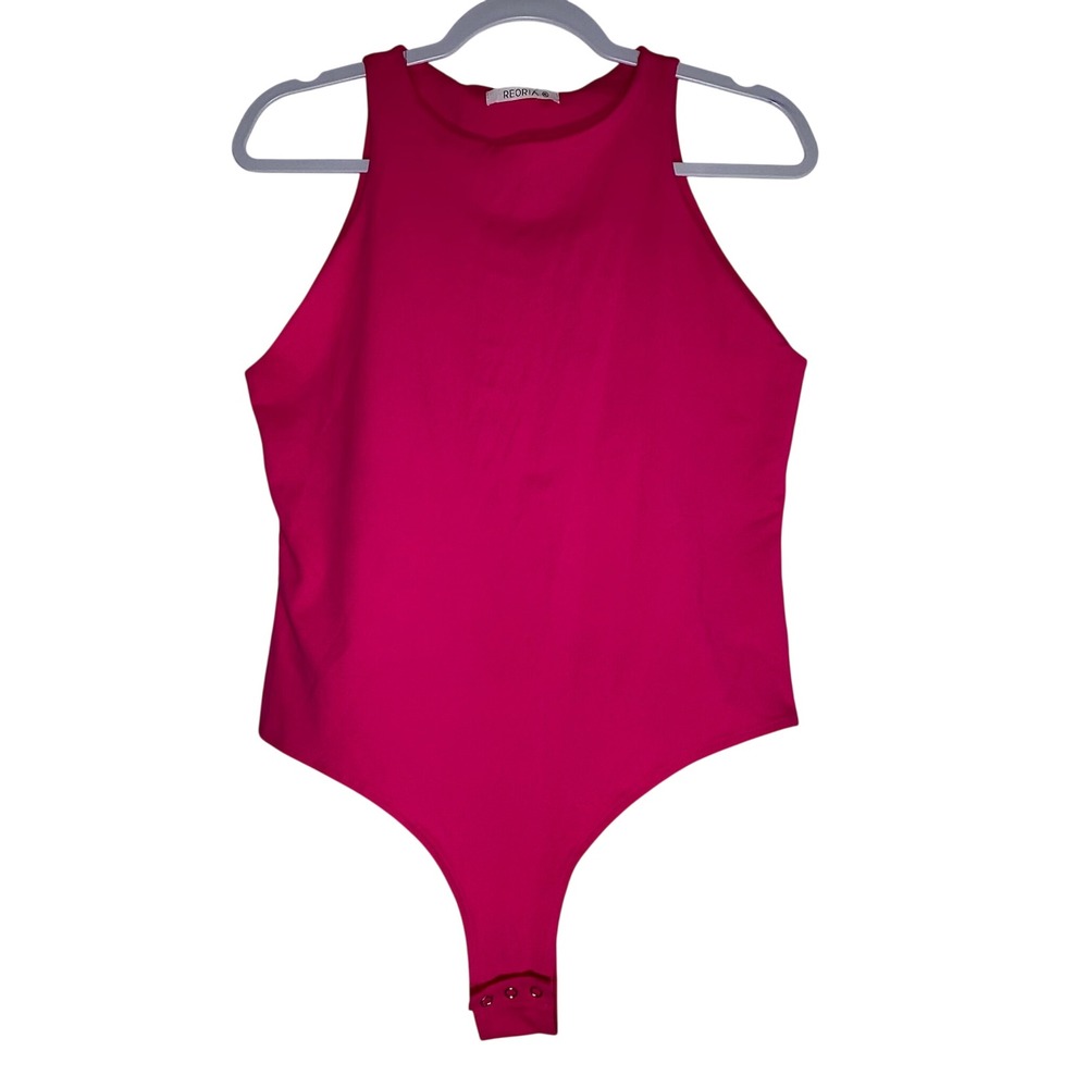REORIA Women Hot Pink High Neck Racerback Sleeveless Thong Bodysuit XL 8638
